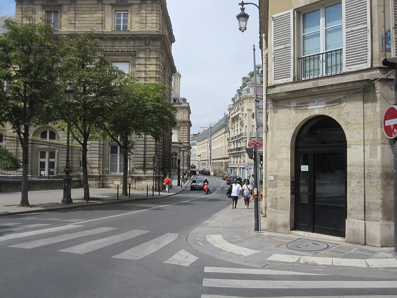 Tree-lined Rue de Vaugirard with stone facades and a pedestrian crossing in Paris