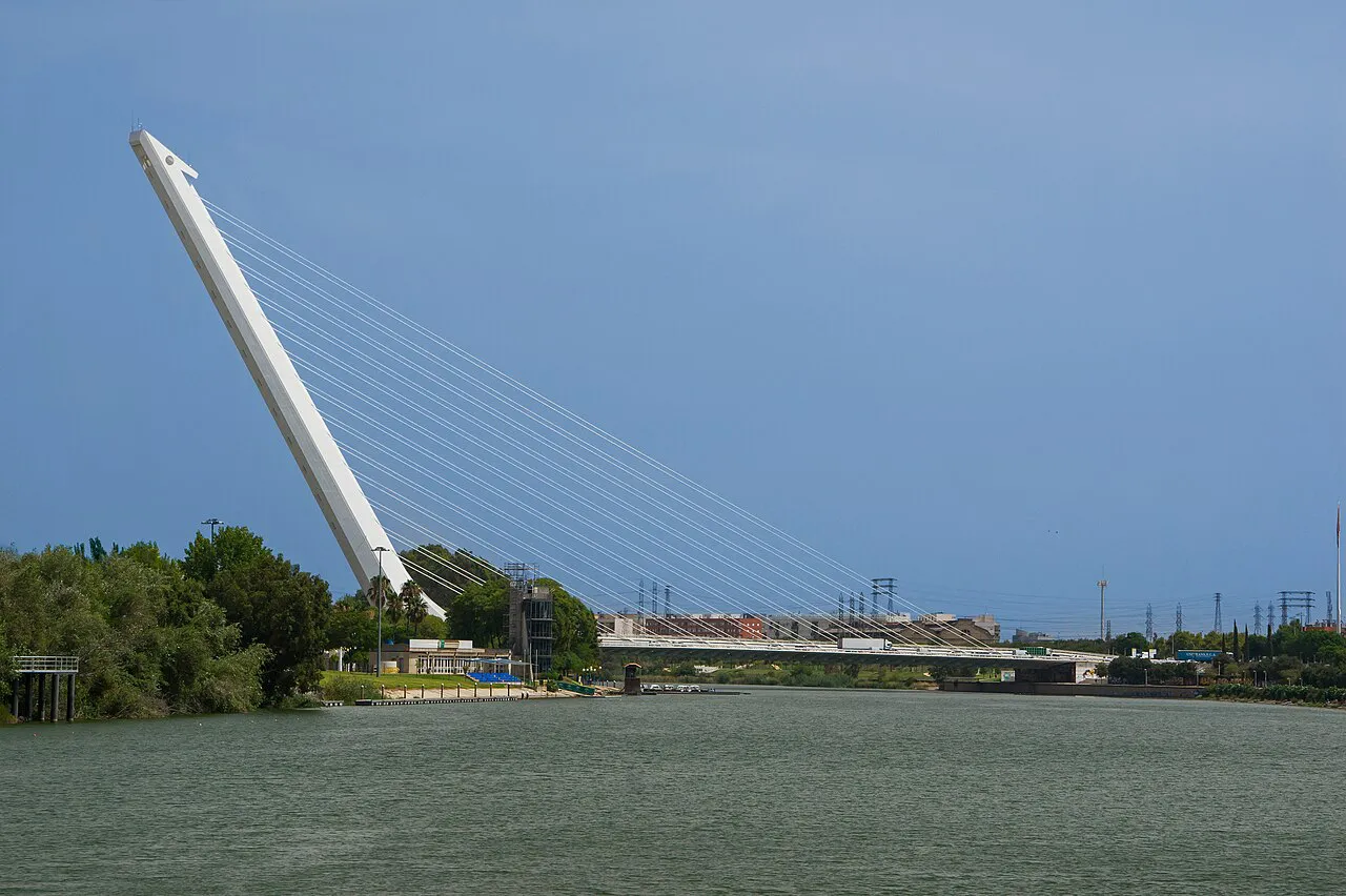 The white cable-stayed Alamillo Bridge spanning the Guadalquivir river in Seville