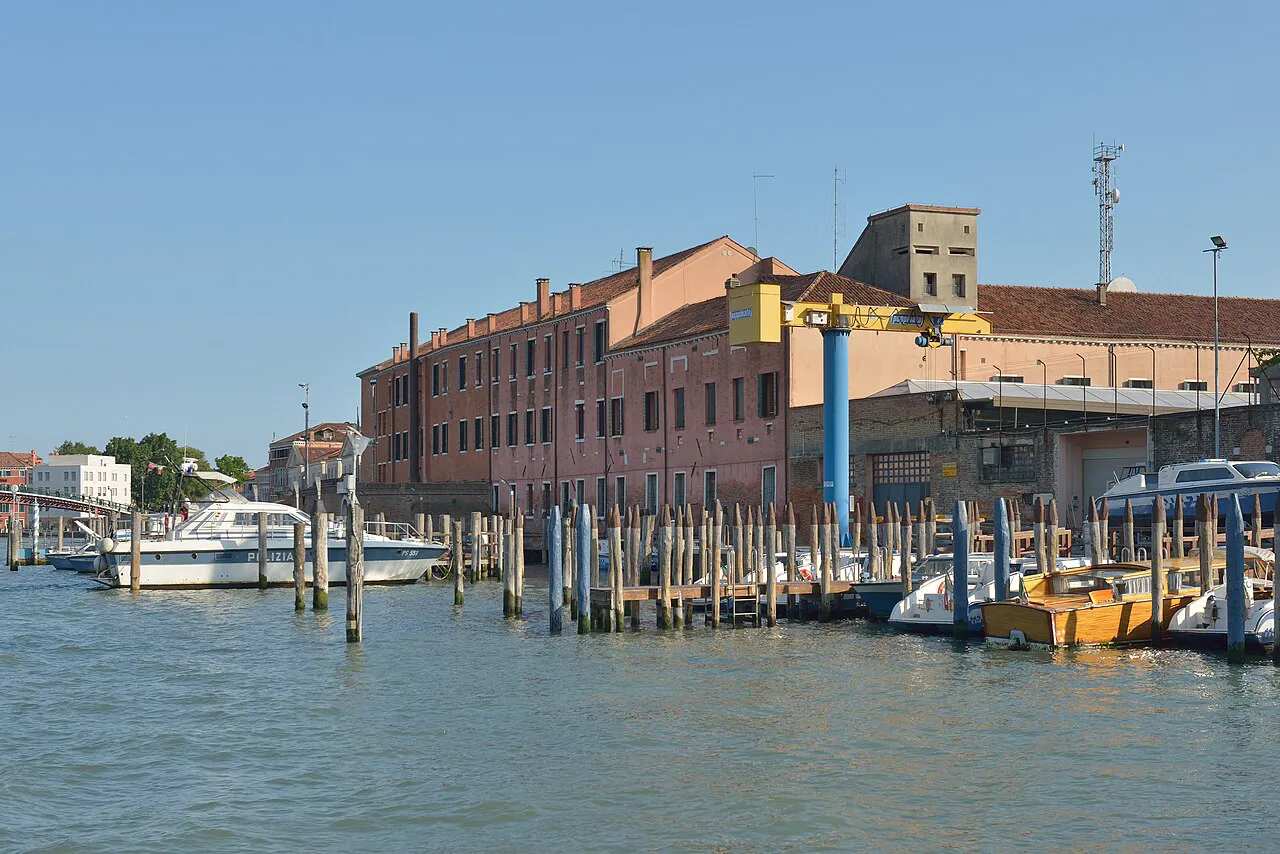 Former Santa Chiara convent and moored boats at the western end of the Grand Canal, near Piazzale Roma, Venice