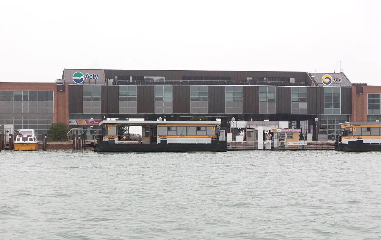 ACTV waterbus terminal and landing stages at Tronchetto, Venice, seen across the lagoon