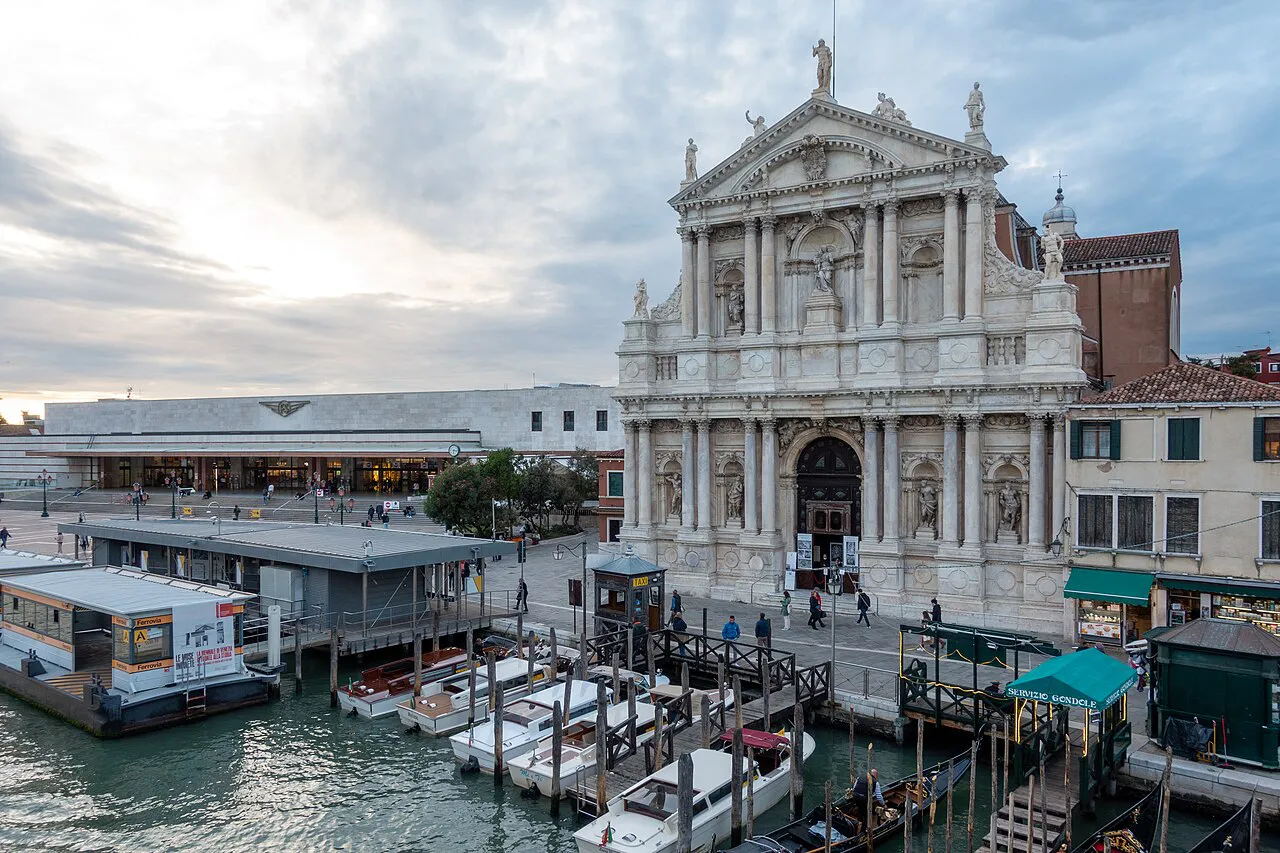 Scalzi church facade and the Ferrovia waterbus stops in front of Venice Santa Lucia station