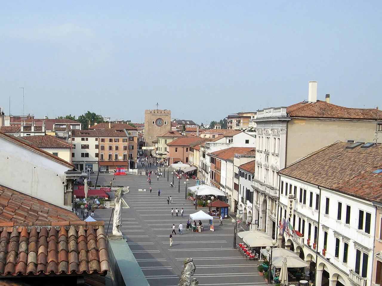 Piazza Ferretto in central Mestre seen from above, with its clock tower and arcaded buildings
