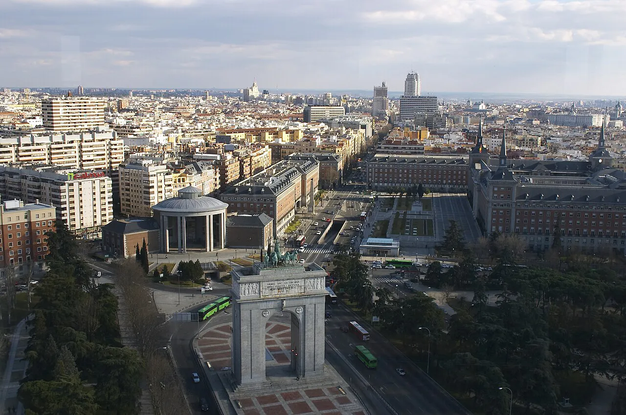 Aerial view of Moncloa in Madrid with the Arco de la Victoria and the city stretching to the horizon