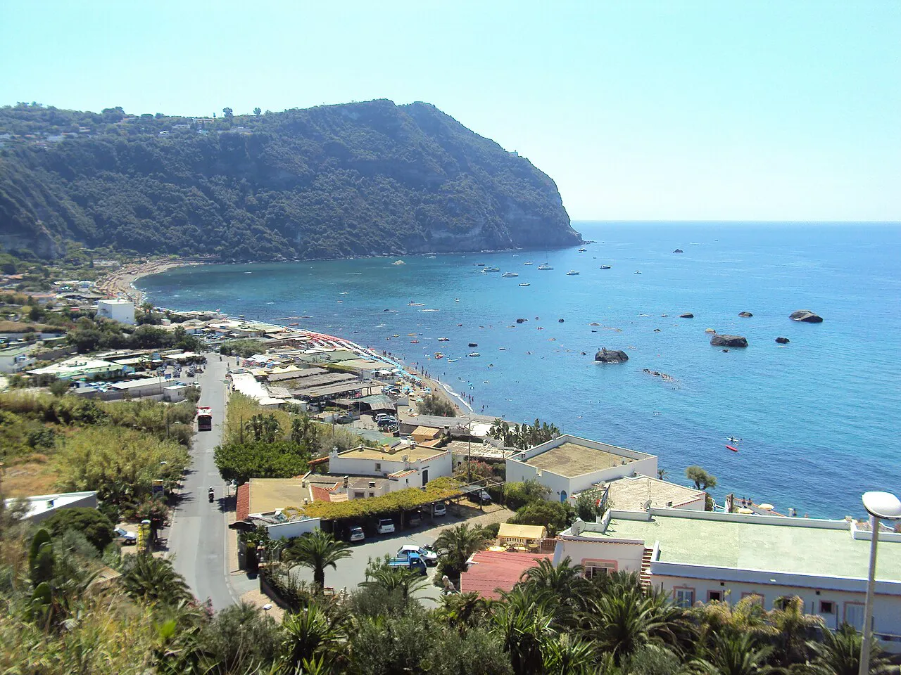 Elevated view over the Citara beach bay and headland on Ischia's west coast