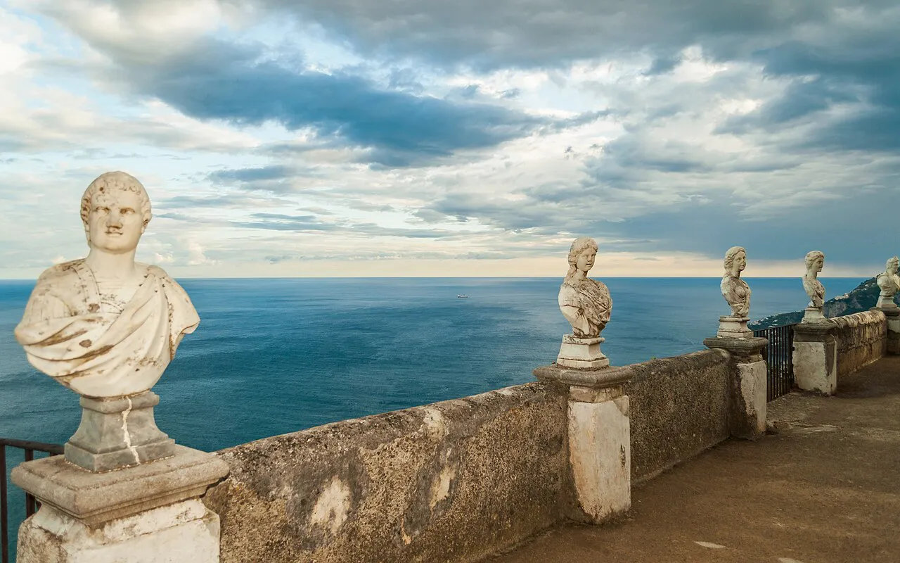 Marble busts along the Terrace of Infinity at Villa Cimbrone in Ravello, overlooking the sea