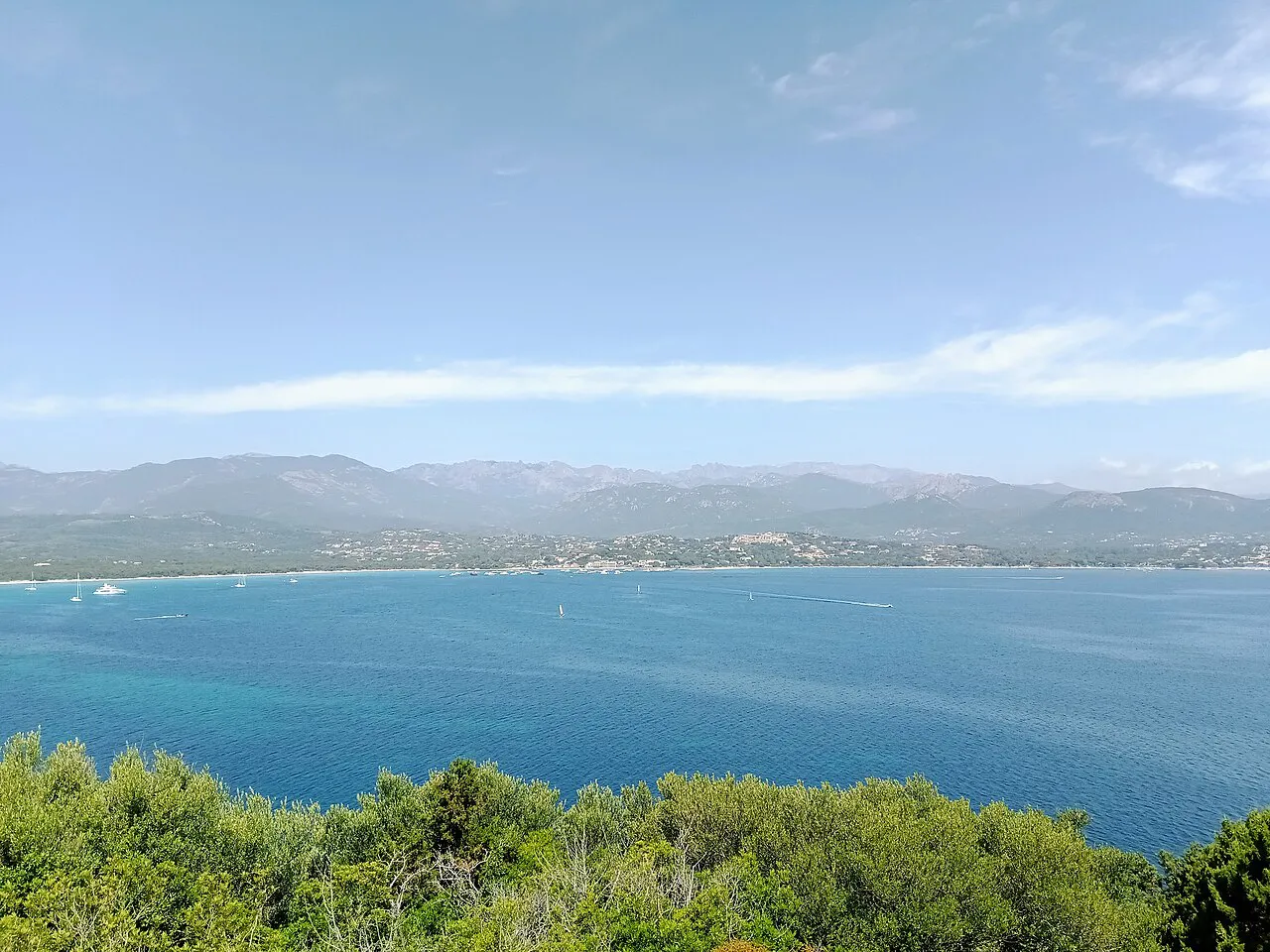 Blue Gulf of Pinarellu and its curving shore seen over green maquis from the Pinarellu tower