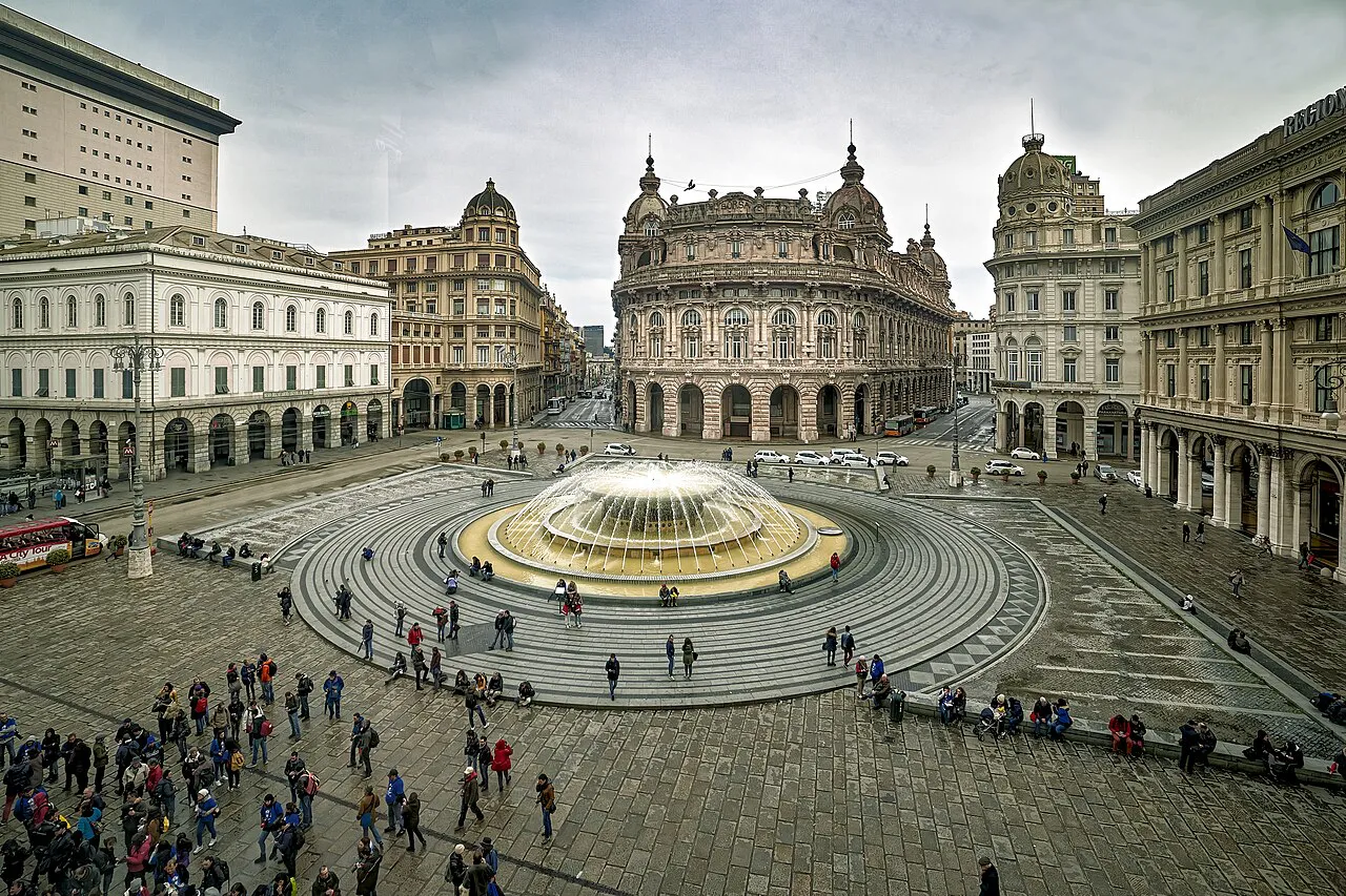 Elevated view over Piazza De Ferrari and its surrounding palazzi from Palazzo Ducale, Genoa
