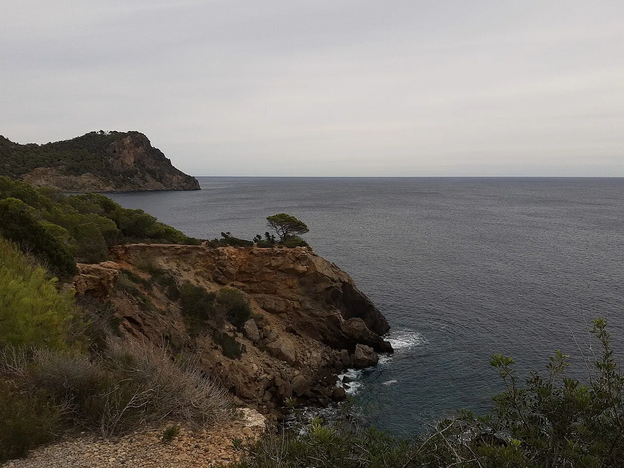Pine-topped cliffs and a rocky headland on the northeast coast of Ibiza in Santa Eulària des Riu