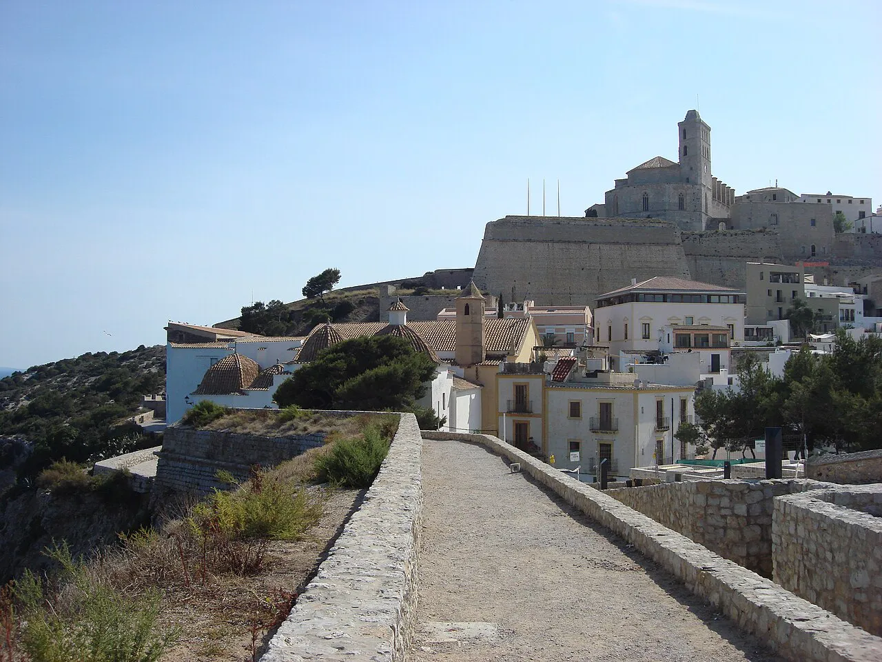 Rampart walkway leading towards the cathedral and old houses of Dalt Vila, Ibiza Town