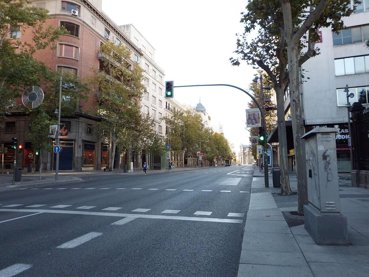 Tree-lined Calle de Serrano in the Salamanca district of Madrid with elegant apartment blocks