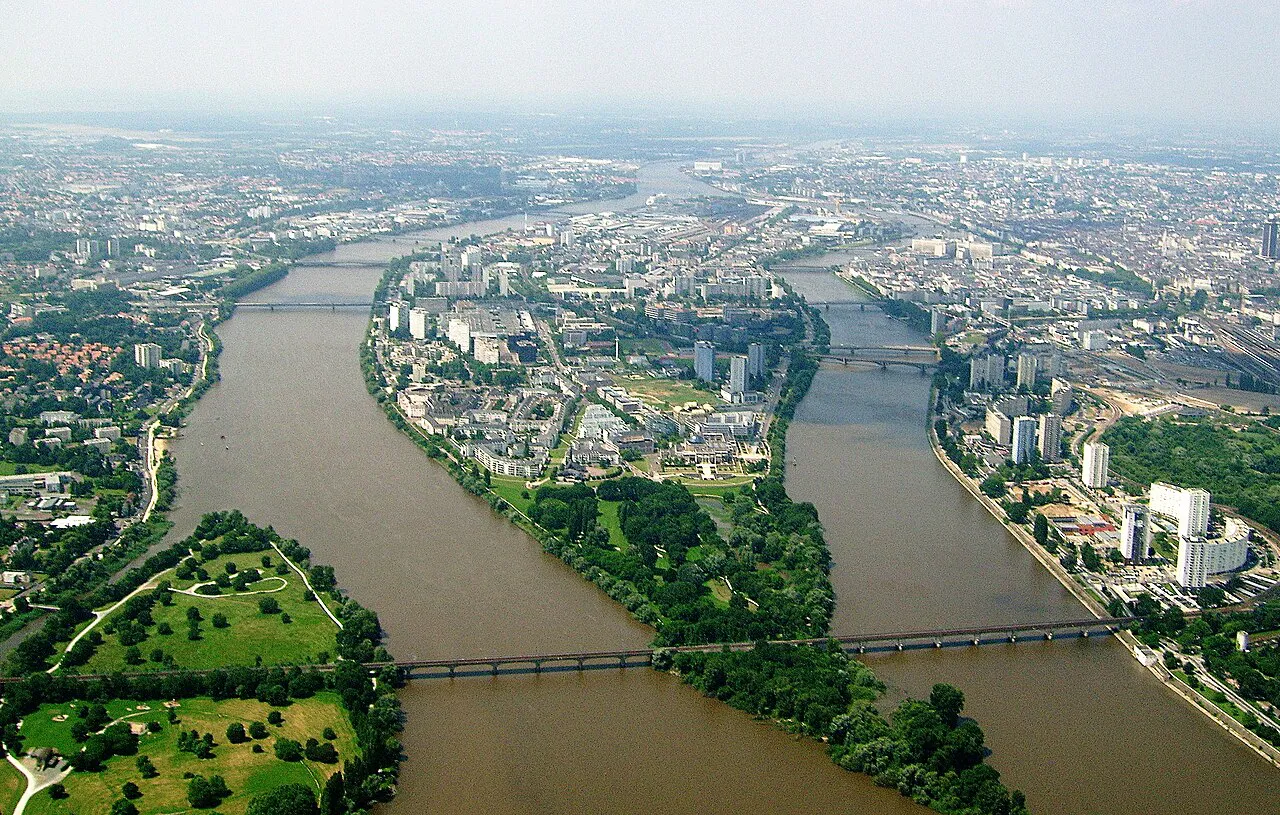Aerial view of the Île de Nantes and the Loire river branches with the city spreading on both banks