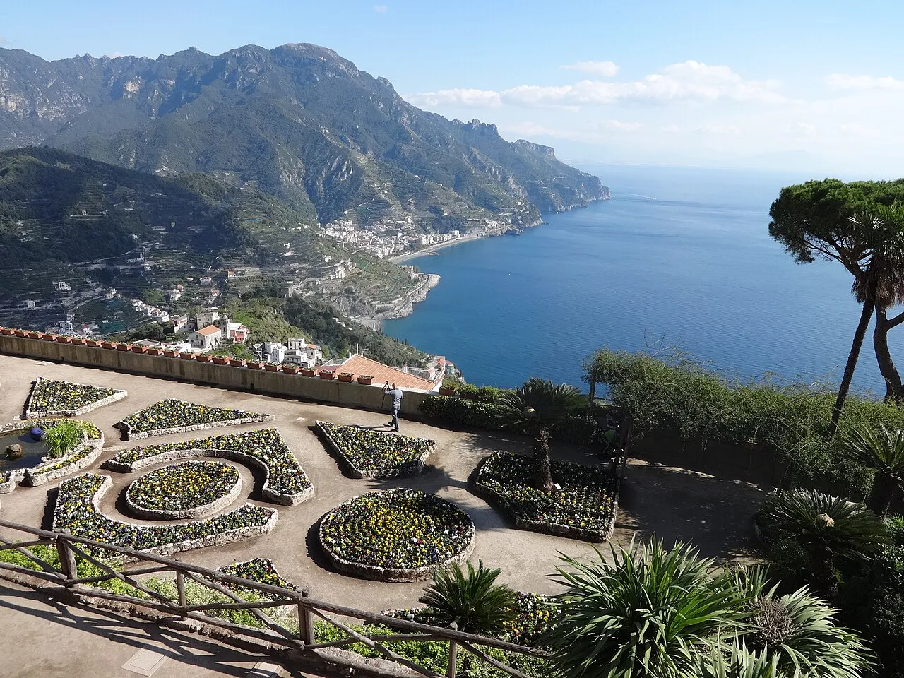 Patterned flower beds on the Villa Rufolo terrace above the Amalfi Coast and Gulf of Salerno, Ravello