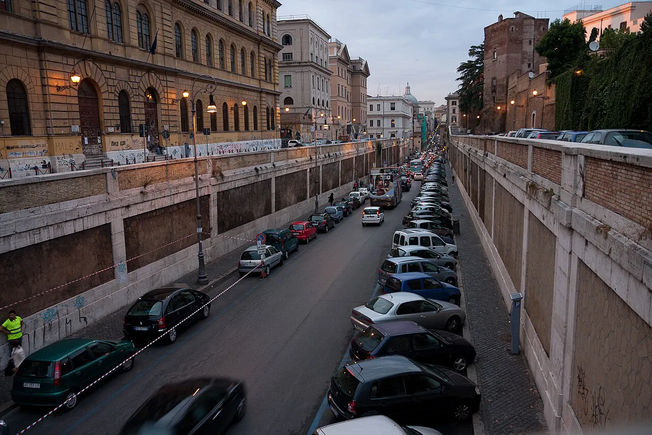 Via degli Annibaldi and Via dei Serpenti in Monti, Rome, seen from the overpass at dusk