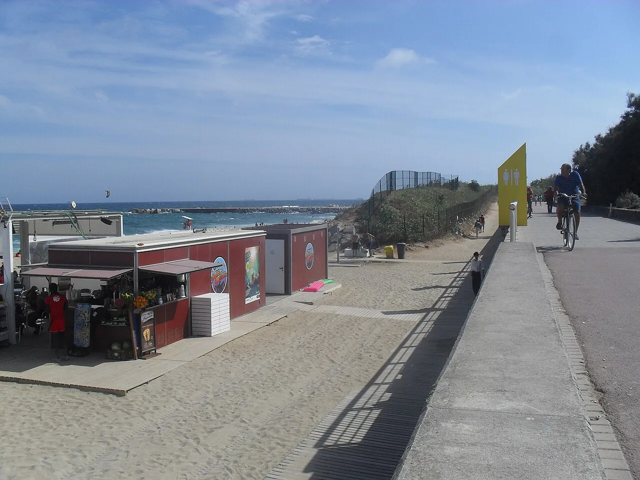 Seafront promenade and cycle path running beside Platja de la Mar Bella in Barcelona