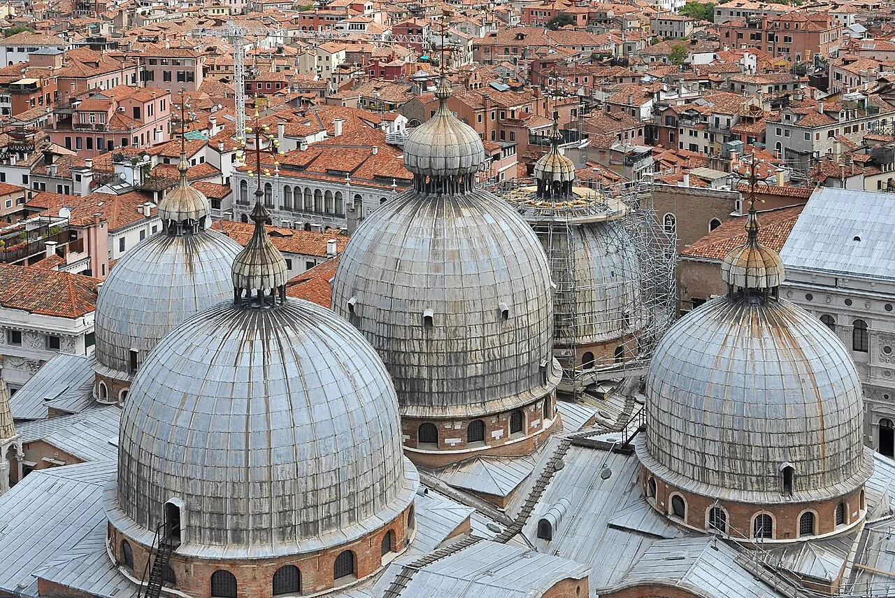 Domes of St Mark’s Basilica and the rooftops of the San Marco district seen from the campanile, Venice