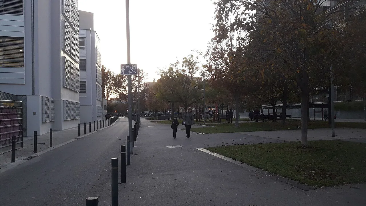 Quiet tree-lined pedestrian path along Camí Antic de València in Poblenou, Barcelona