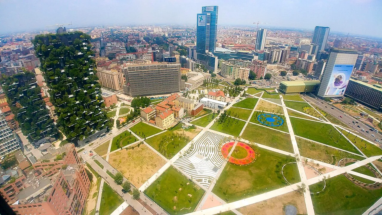 Aerial view of the Biblioteca degli Alberi park and the Bosco Verticale towers in Porta Nuova, Milan