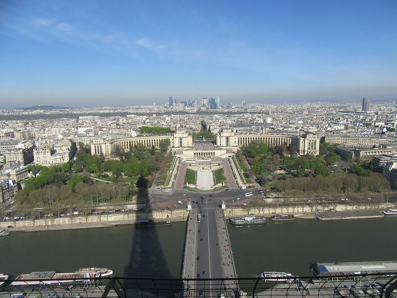 View from the Eiffel Tower across the Seine to the Trocadéro gardens and Palais de Chaillot, Paris