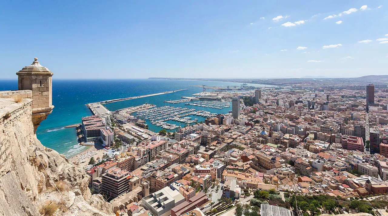 Panoramic view over Alicante's rooftops, port and marina from the castle walls on Mount Benacantil