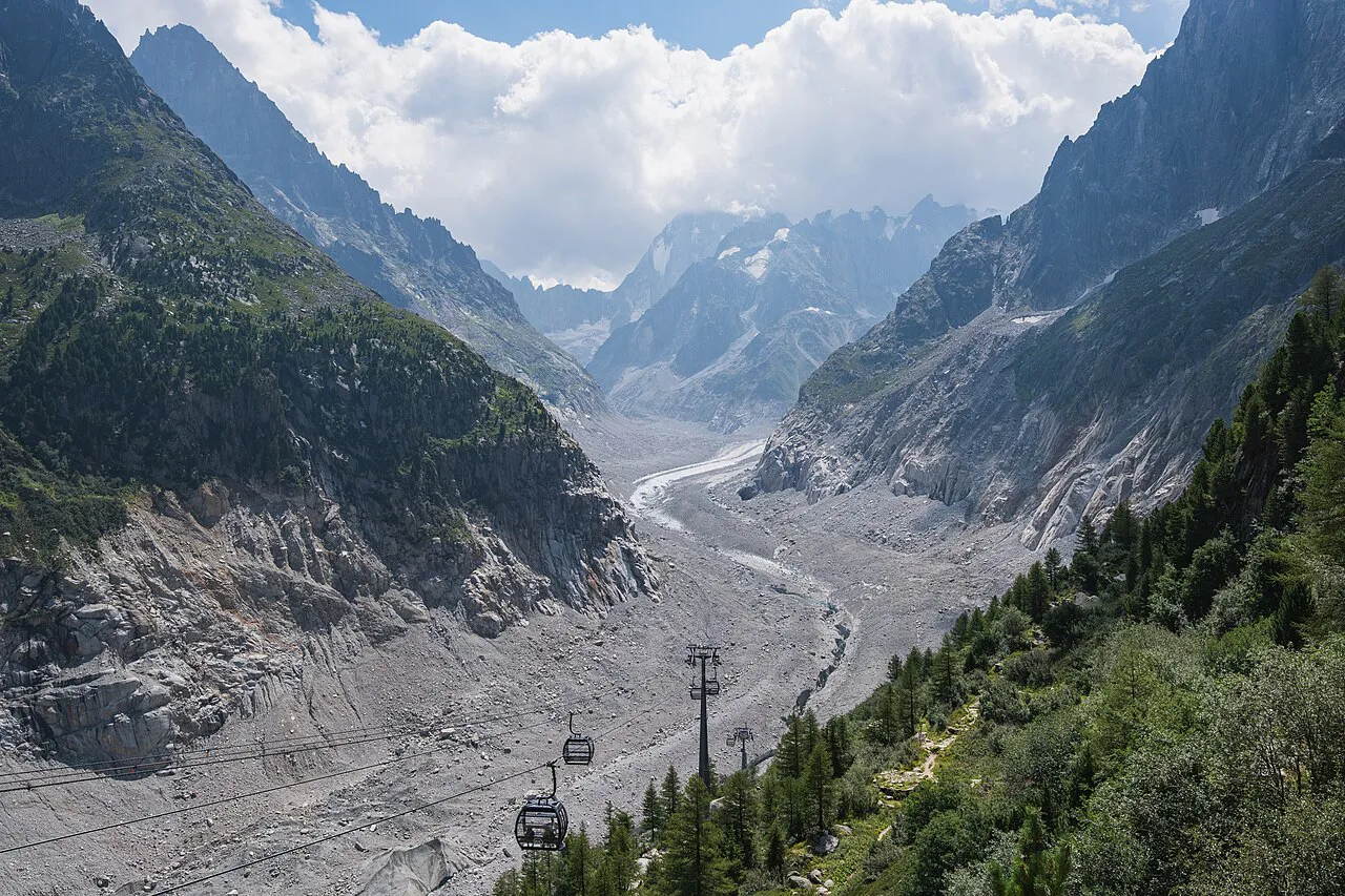 The Mer de Glace glacier winding between steep granite peaks, seen from Montenvers above Chamonix