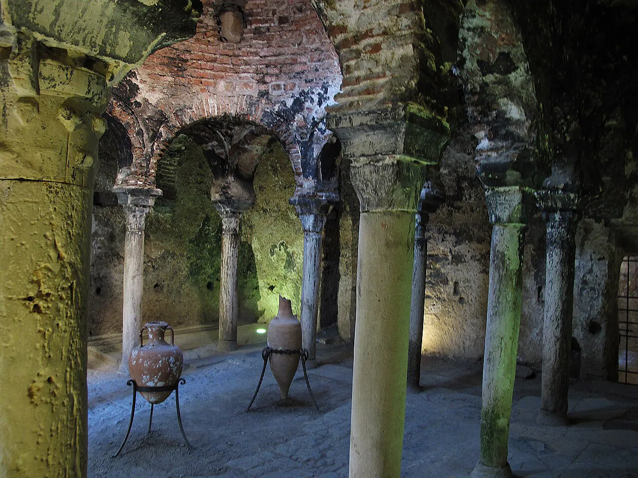Horseshoe arches and slender columns in the caldarium of the medieval Arab Baths in Palma