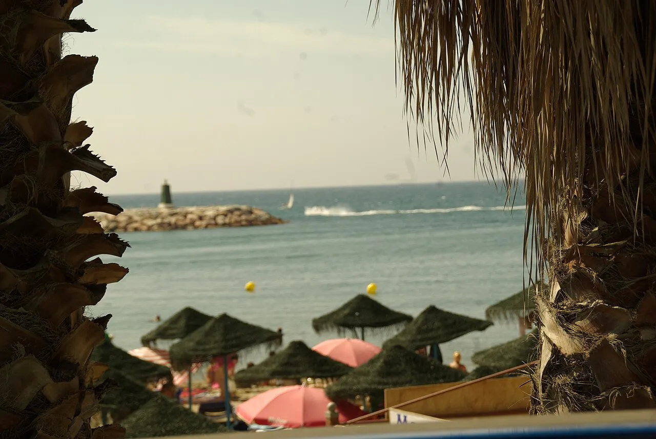 Thatched beach parasols on a Marbella beach framed by palm trunks, with a breakwater beacon offshore
