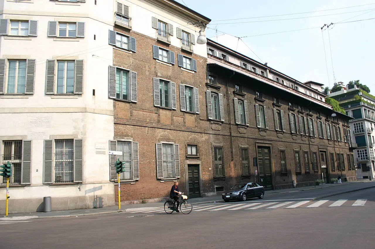 Baroque brick wing of Palazzo Serbelloni on a quiet street corner in central Milan