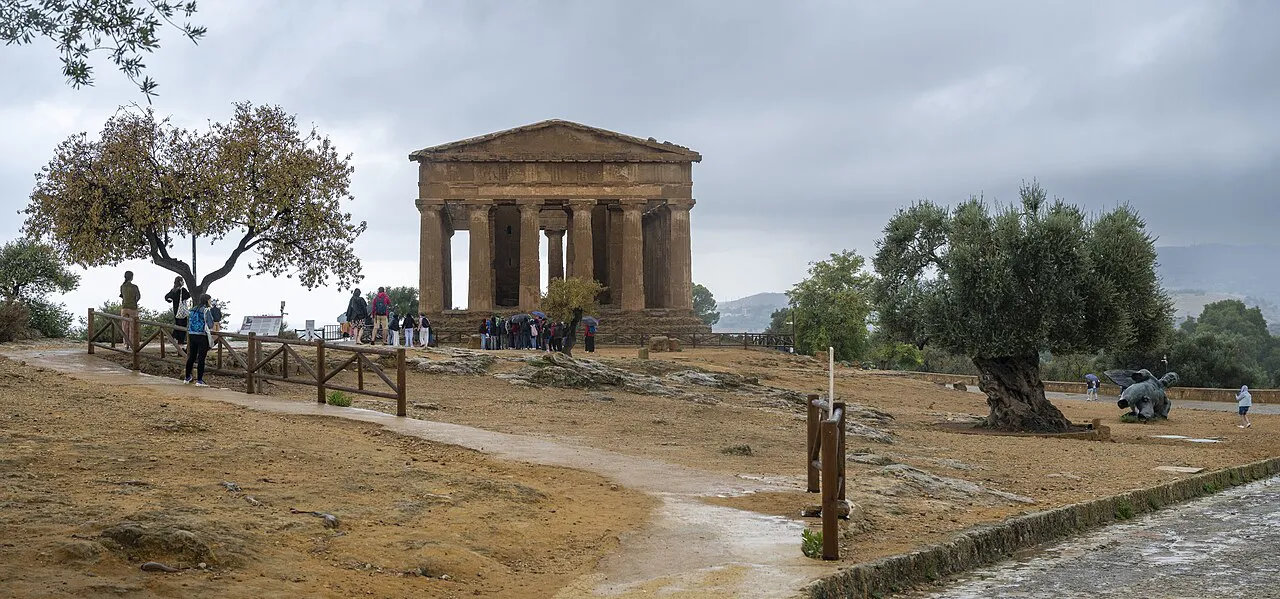 The Doric Temple of Concordia among olive trees in the Valley of the Temples, Agrigento