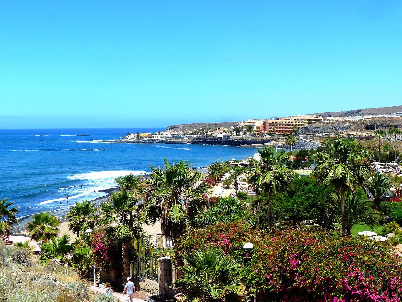 Palm-filled seaside gardens above the Atlantic coastline near La Caleta, Costa Adeje, Tenerife