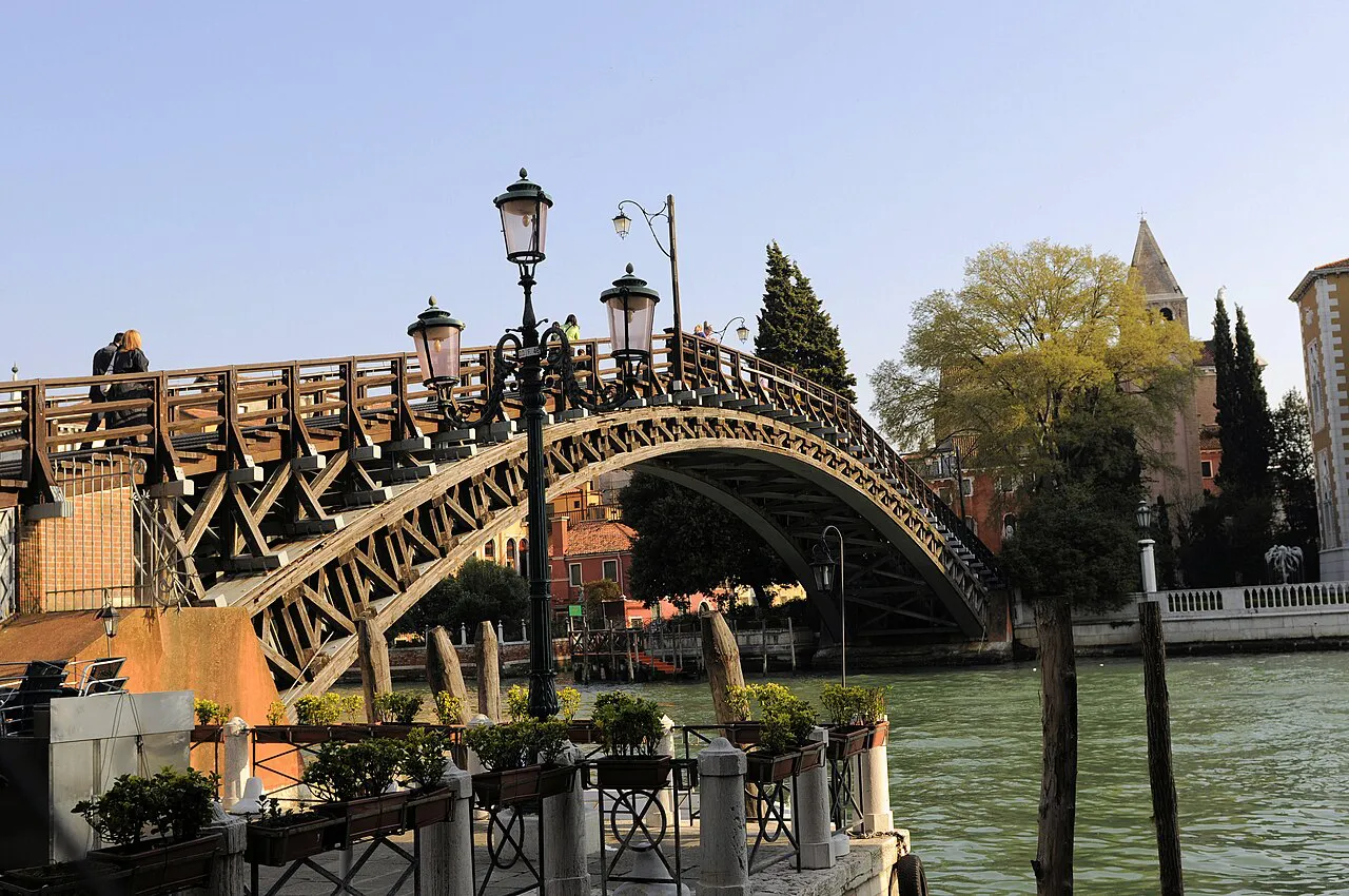 Wooden arch of the Accademia Bridge over the Grand Canal in Venice, seen from the Dorsoduro bank