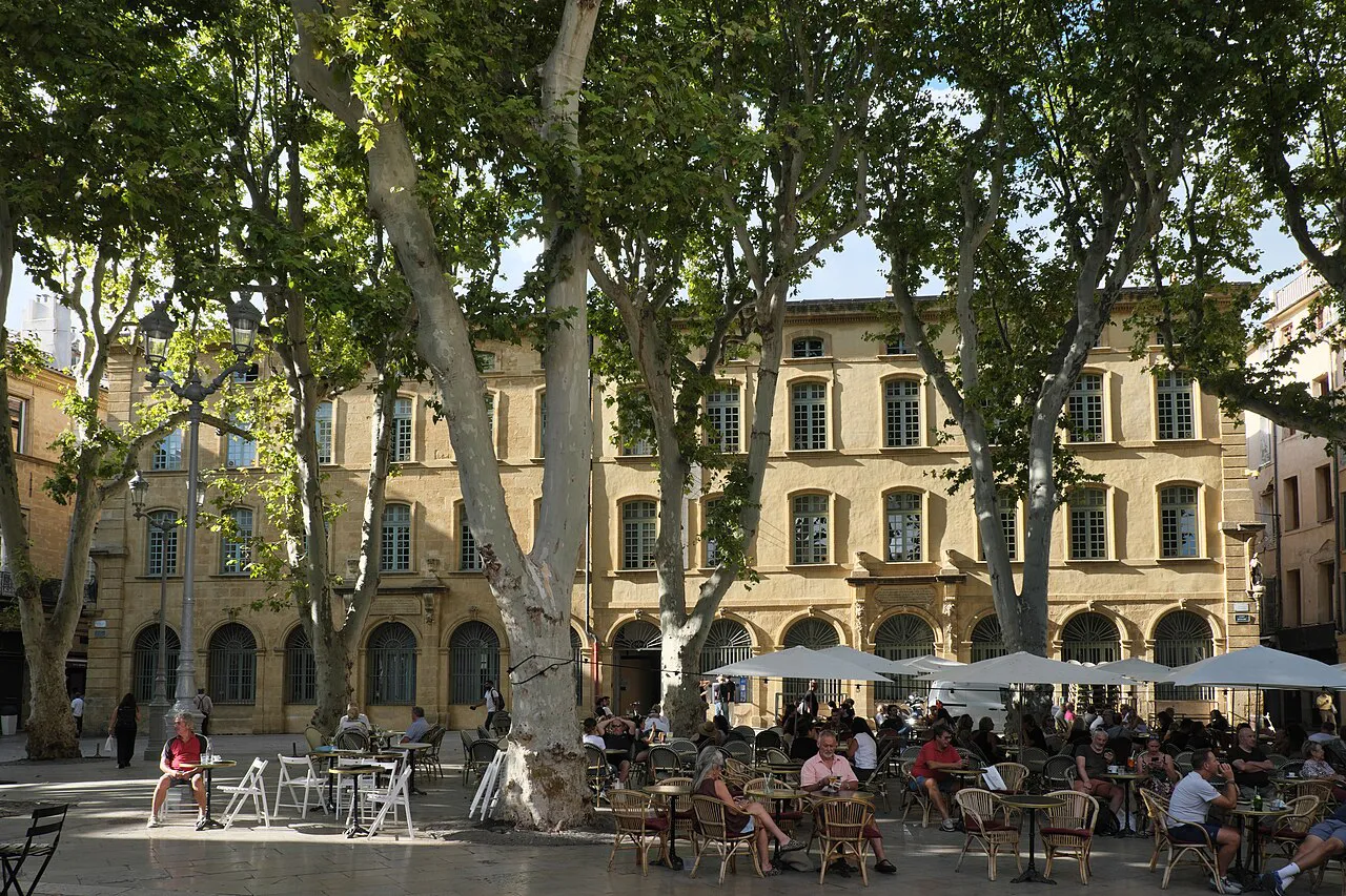Plane trees and café terraces on Place Richelme in the old town of Aix-en-Provence