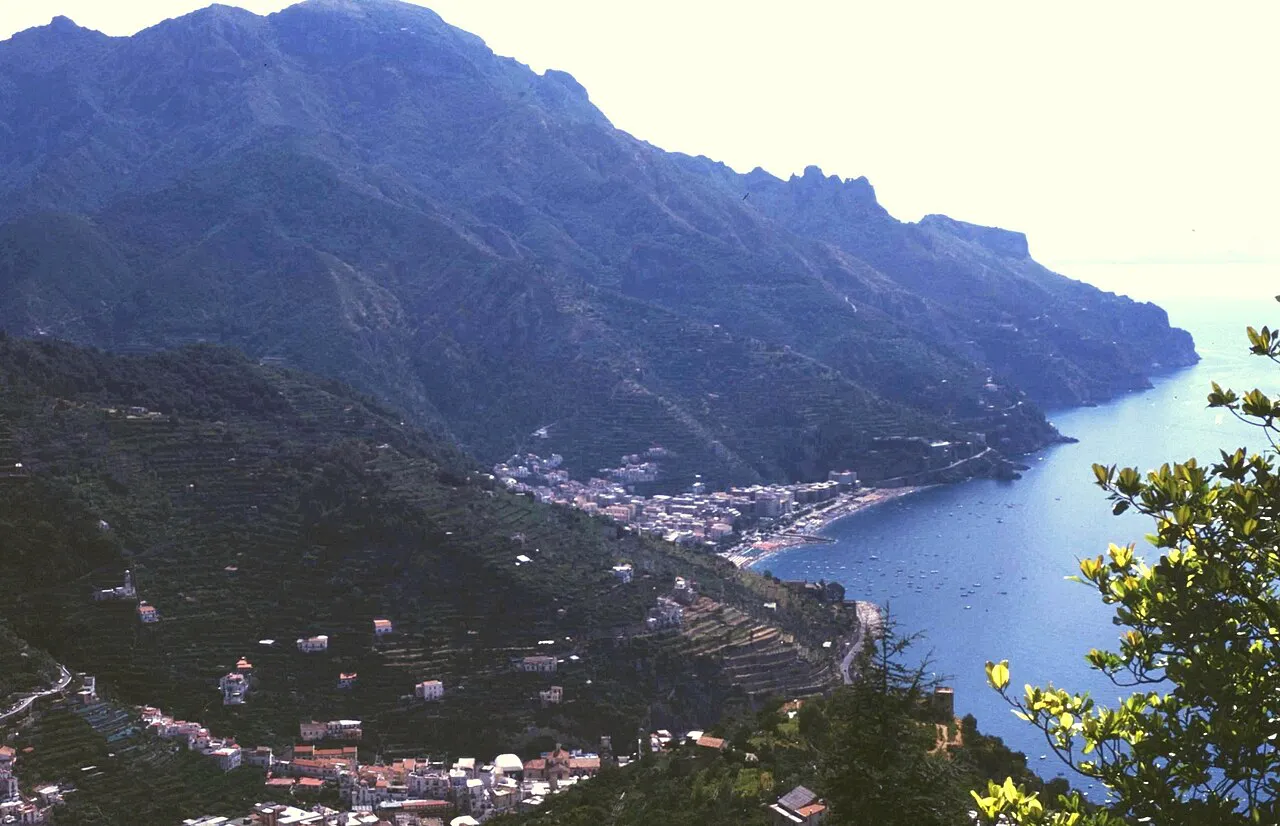 View from Ravello down the terraced slopes to the sea and mountains of the Amalfi Coast