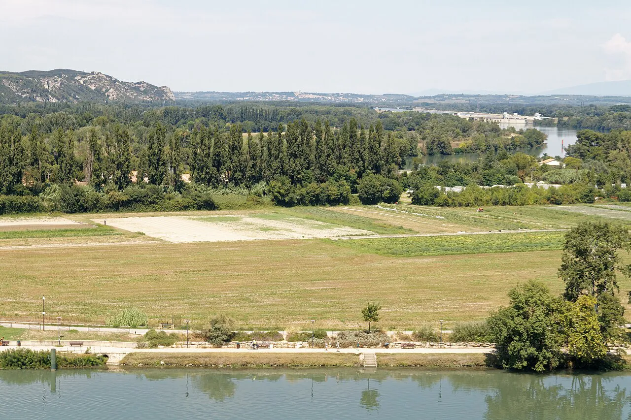 The Rhône at Avignon with the flat green fields of its river island and hills beyond