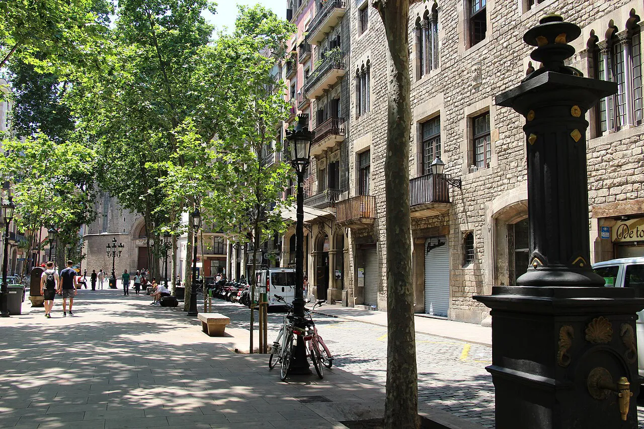 Tree-lined Passeig del Born promenade with old stone buildings in El Born, Barcelona