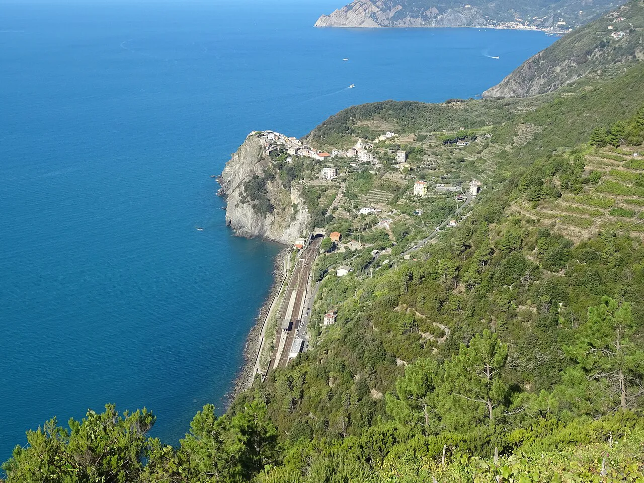 Terraced cliffs and the coastal railway below Corniglia on the Cinque Terre coastline