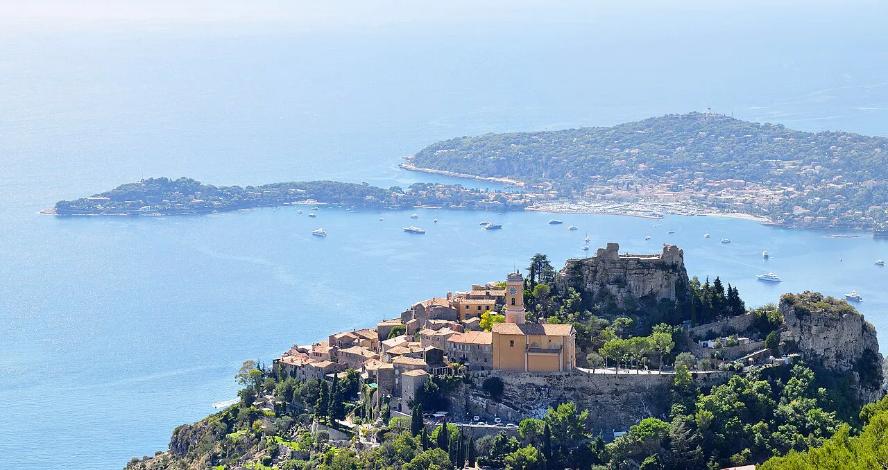 Hilltop village of Èze perched above the sea, with Cap Ferrat across the bay