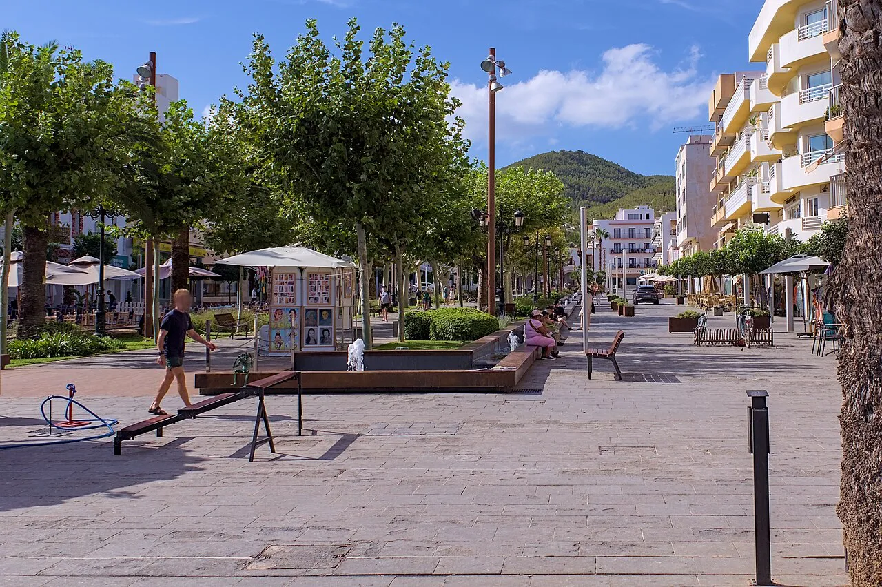 Tree-lined Passeig de s'Alamera promenade in the centre of Santa Eulària des Riu, Ibiza