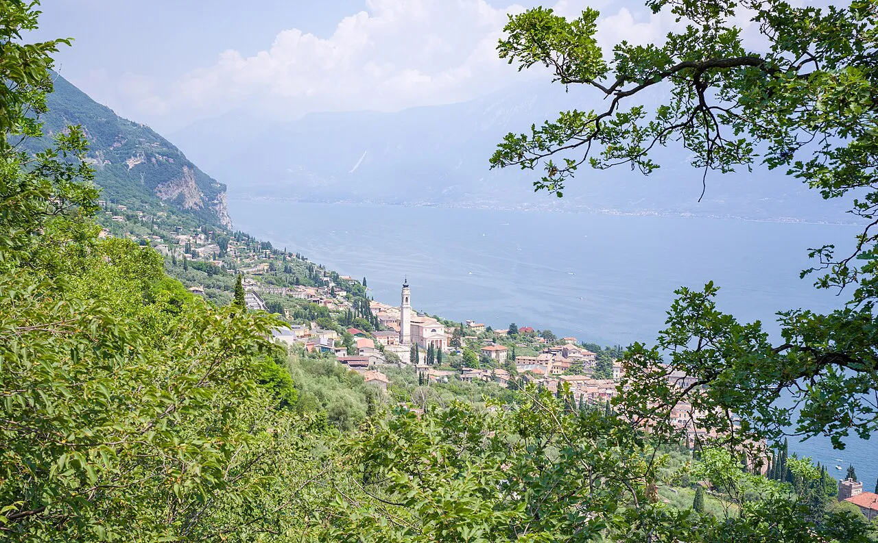 Gargnano's bell tower and rooftops seen from the wooded hillside above Lake Garda