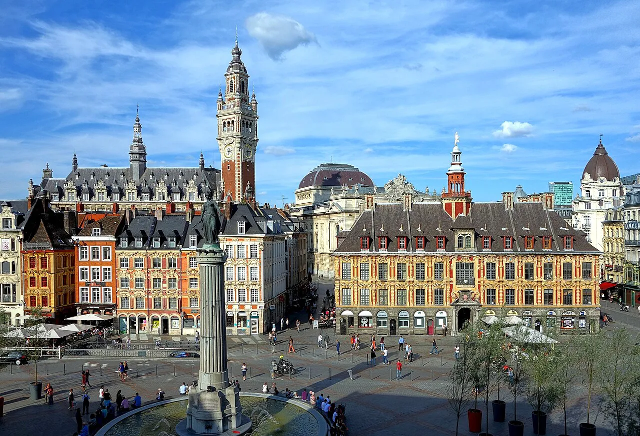 Grand Place in Lille with the Column of the Goddess, the Vieille Bourse and the belfry