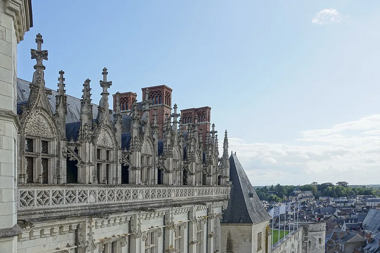 Gothic pinnacles of the Château d'Amboise above the slate rooftops of Amboise