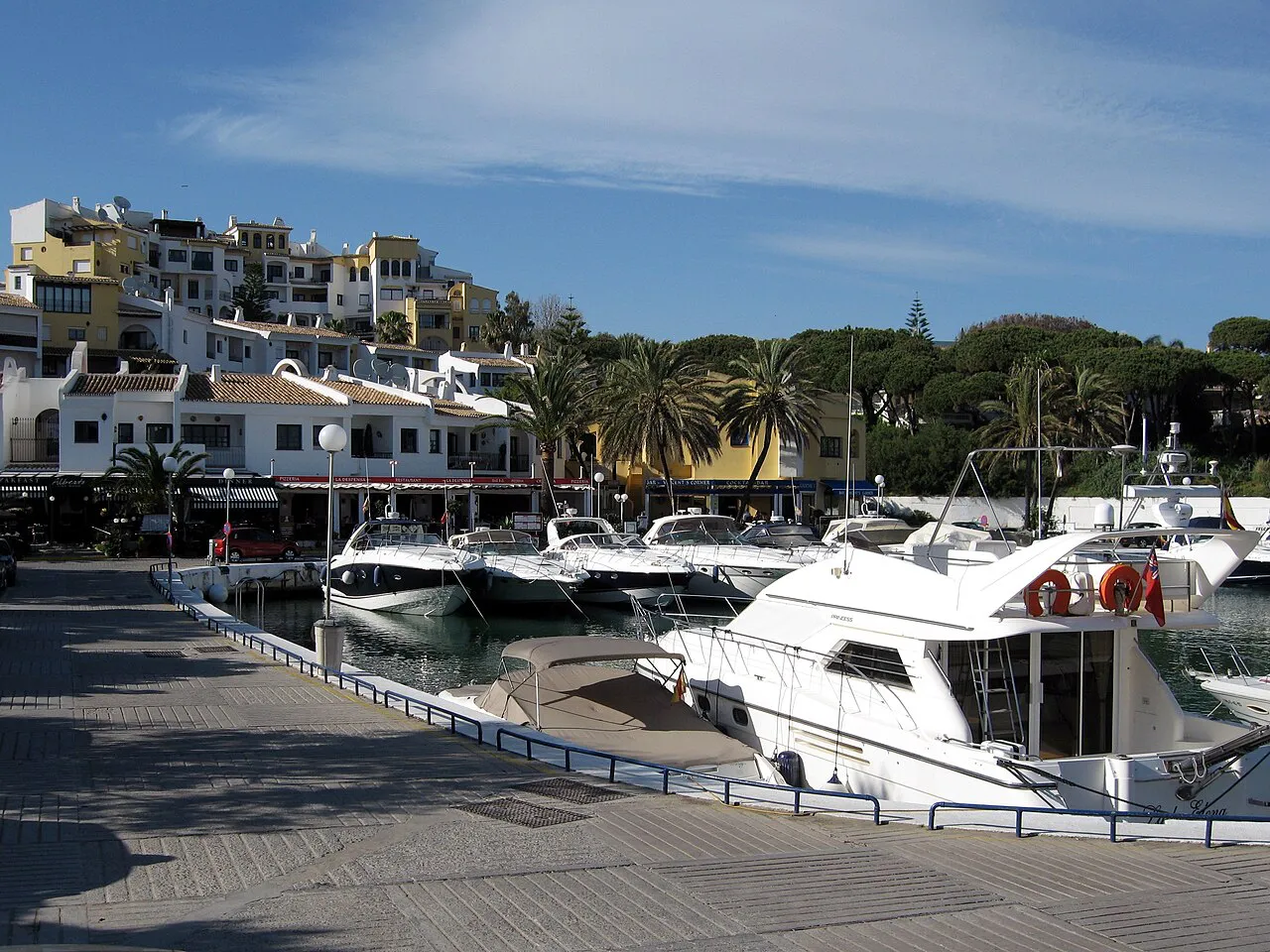 Small marina at Cabopino, east of Marbella, with moored motorboats and a quayside lined with palms