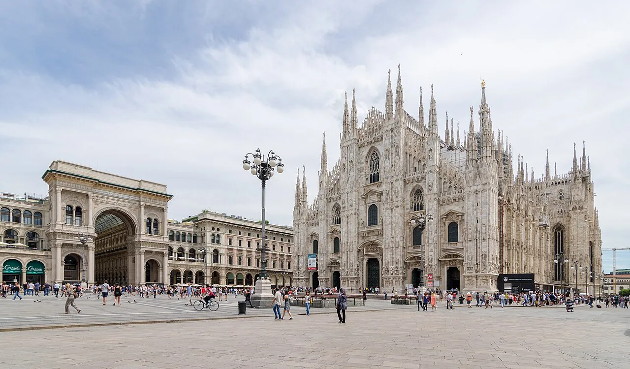 Milan Cathedral and the Galleria Vittorio Emanuele II entrance seen across Piazza del Duomo