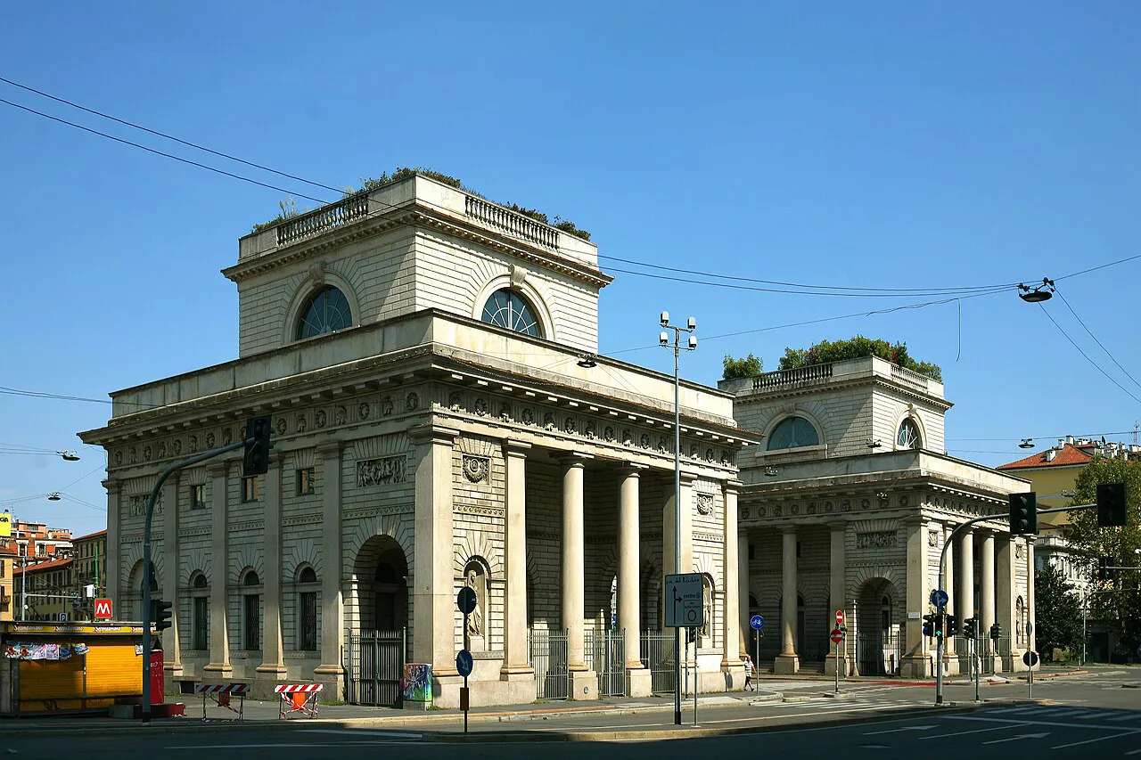 The twin neoclassical toll houses of Porta Venezia in Milan, seen from the old city bastions