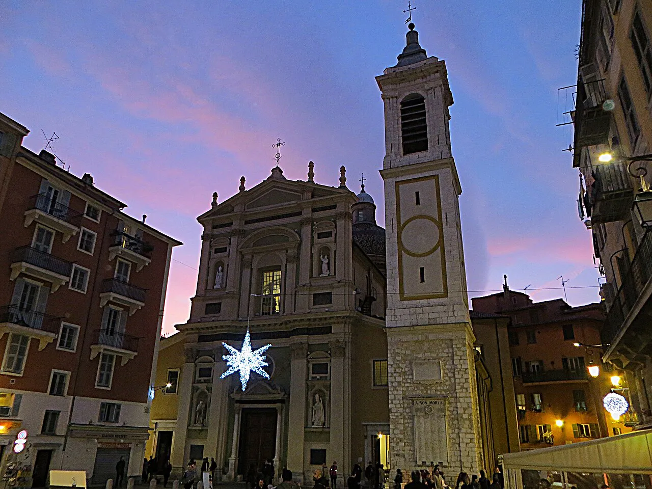 Sainte-Réparate Cathedral and its bell tower on Place Rossetti in Vieux Nice at dusk