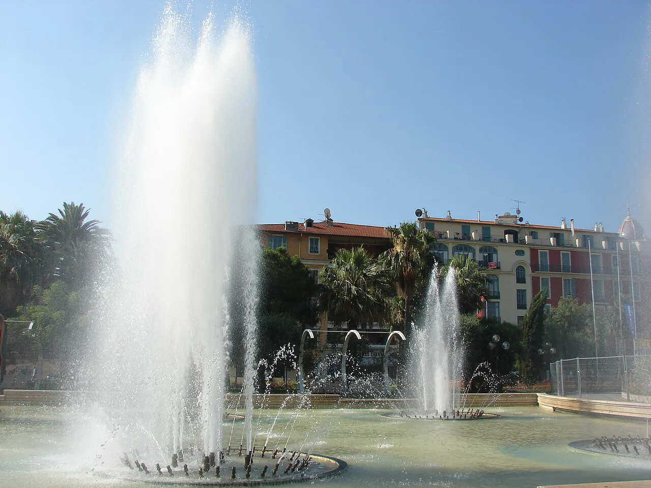 Water jets of the Promenade du Paillon fountains beside Espace Masséna in central Nice