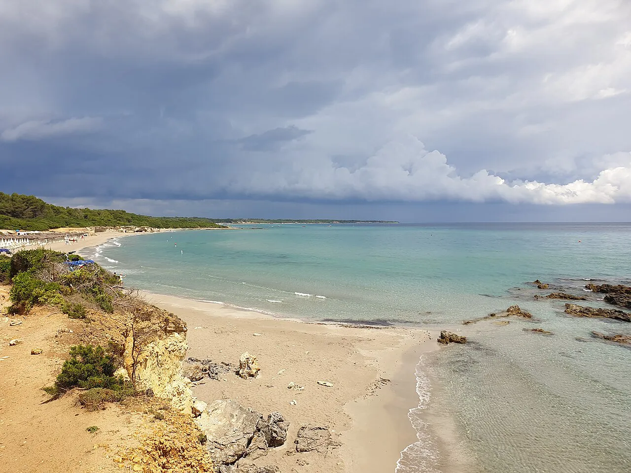 Pale sandy beach and clear turquoise water along the wooded shore of Baia dei Turchi near Otranto