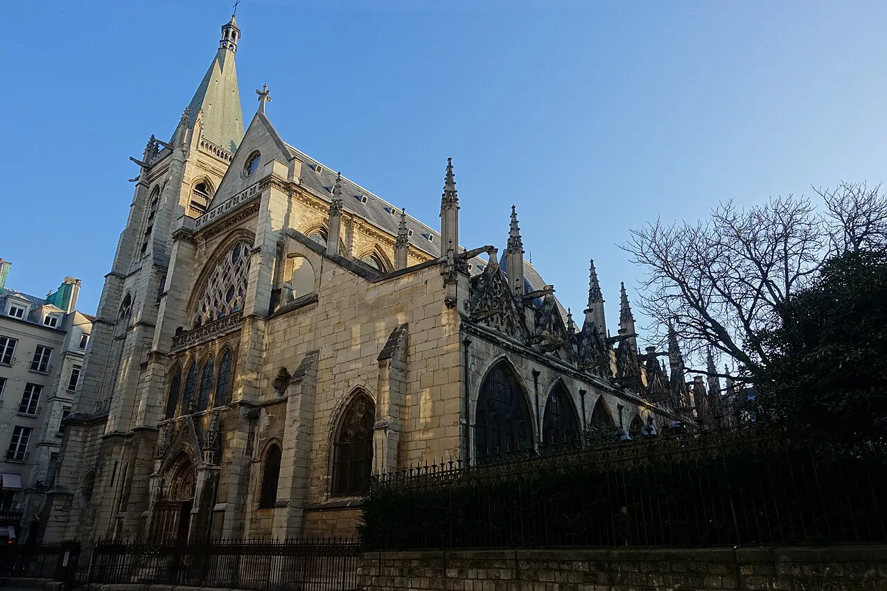 Gothic Church of Saint-Séverin in the Latin Quarter of Paris under a clear blue sky