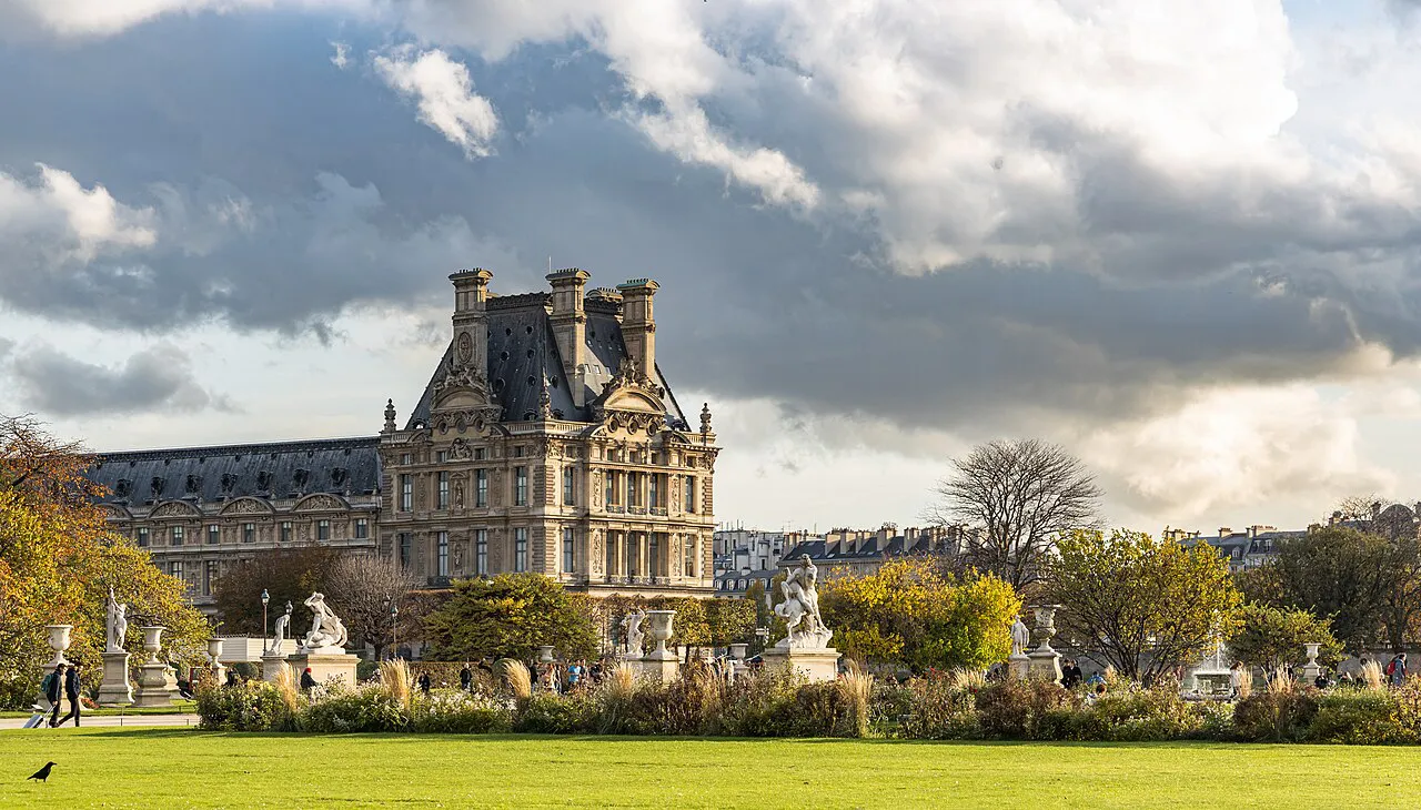 Pavillon de Flore of the Louvre seen across the lawns of the Tuileries Garden, Paris
