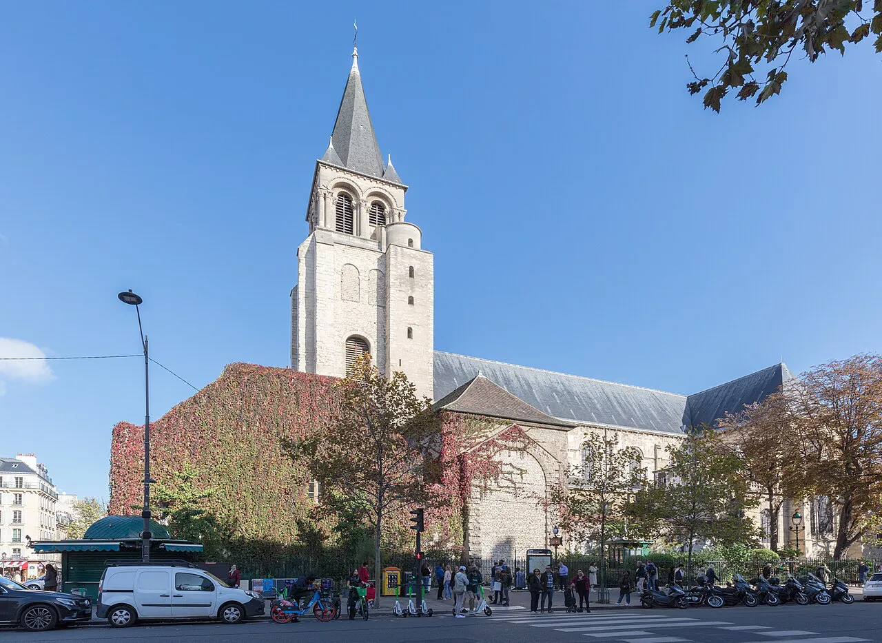 Bell tower of the Abbey Church of Saint-Germain-des-Prés under a clear blue sky, Paris