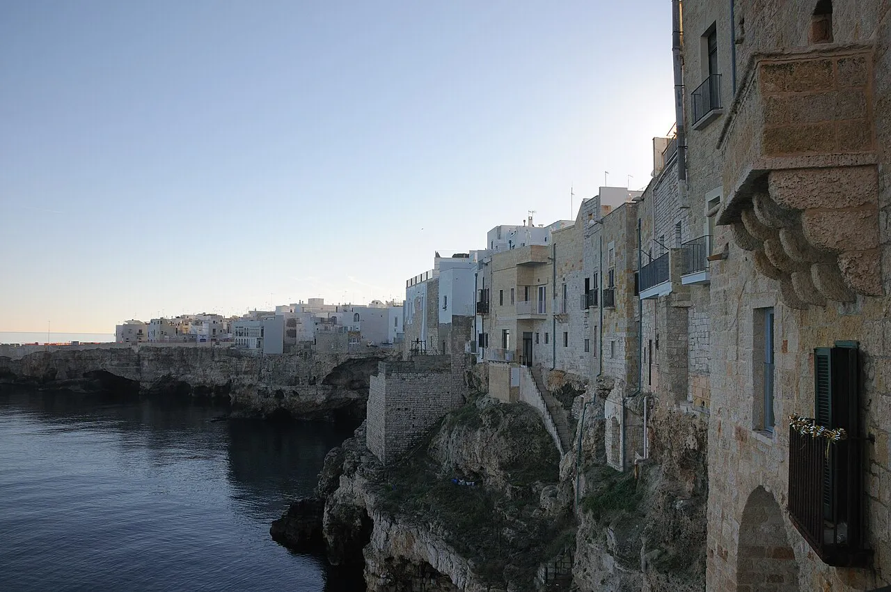 Historic-centre houses built straight onto the sea cliffs of Polignano a Mare above the Adriatic